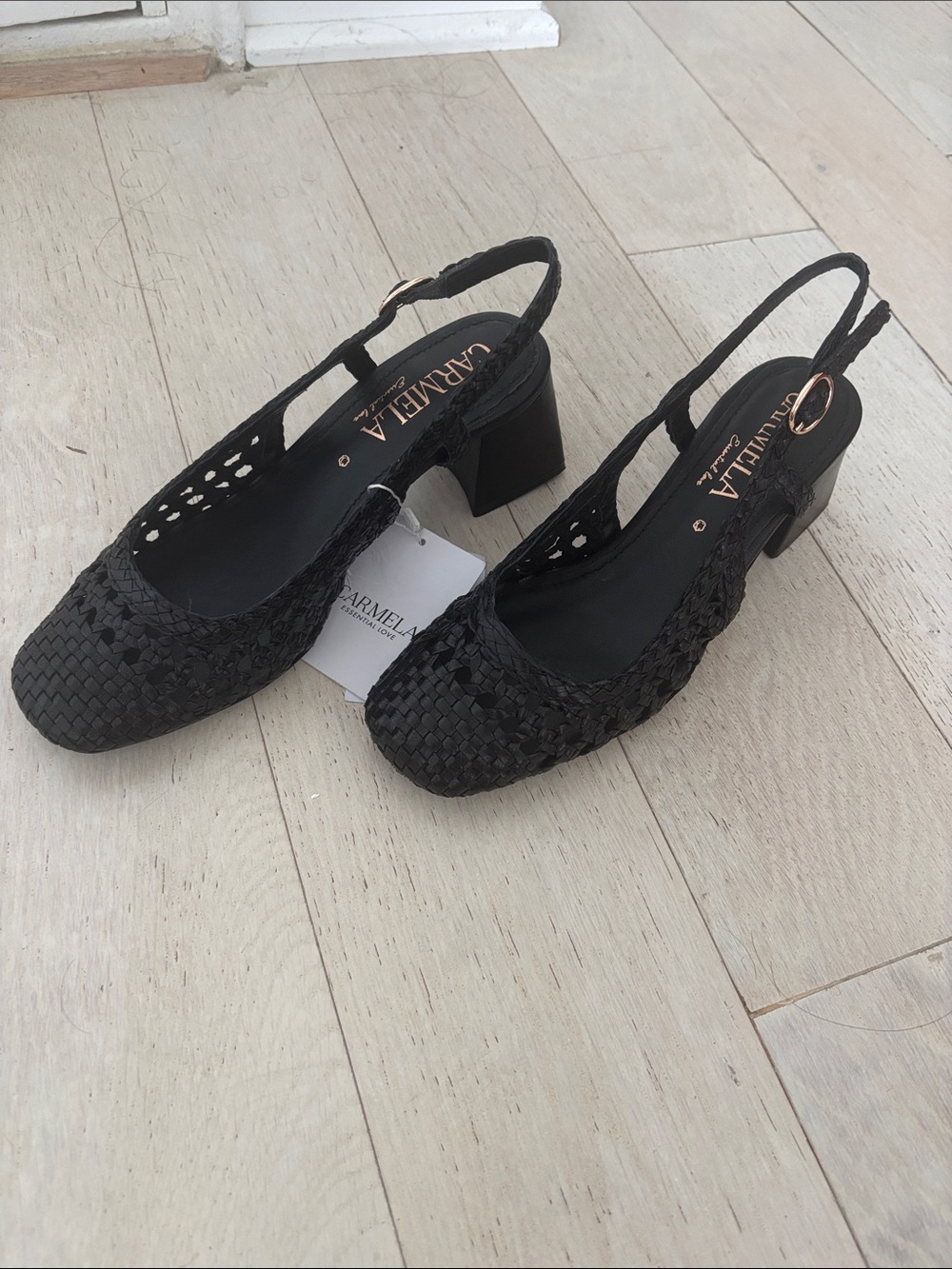 Carmela Black Woven Slingback Block Heels made in Spain